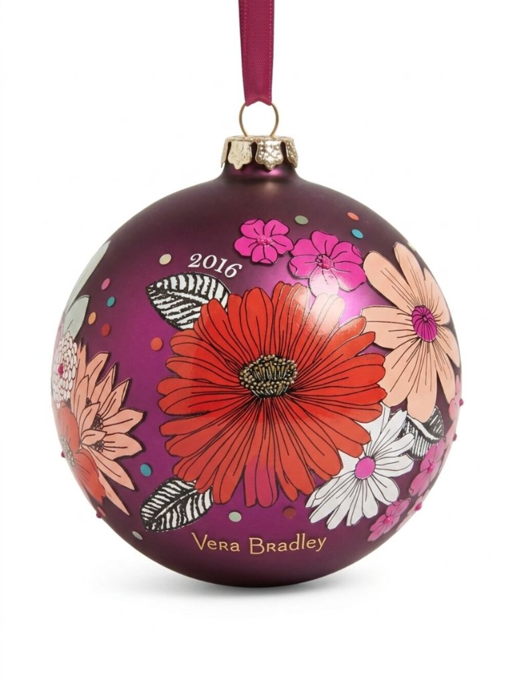 NWT Vera Bradley Ornament Bohemian Blooms 2016 Leaves Burgundy Glass Christmas